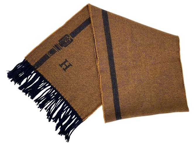 Hermès Sciarpa reversibile in lana e cashmere vintage con frange Hermes Beige Blu navy - vista 3