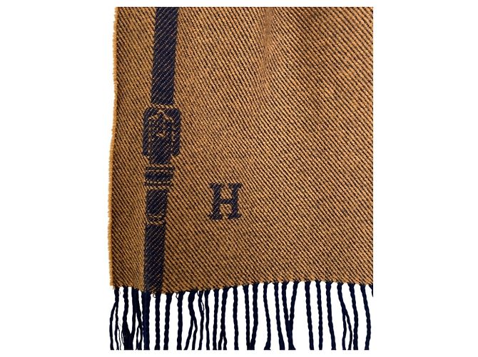 Hermès Sciarpa reversibile in lana e cashmere vintage con frange Hermes Beige Blu navy - vista 5