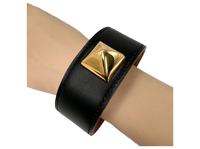 Pulsera Hermès Medor de cuero negro y marrón Castaño - vista 4