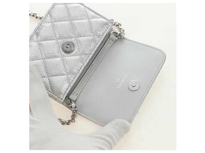 CHANEL Matelasse Chain Shoulder Bag Lamb Skin Silver CC Auth 190674SAM Argento - vista 20