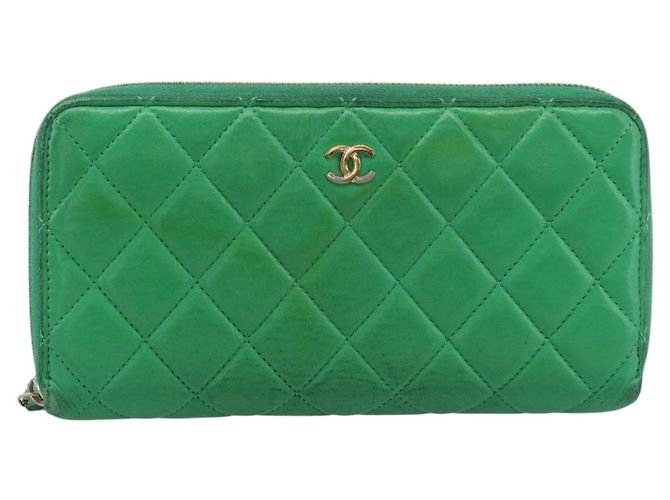 CHANEL Matelassé Long Wallet Lammfell Grün Gold CC Authentisch 190675 Golden - Ansicht 13
