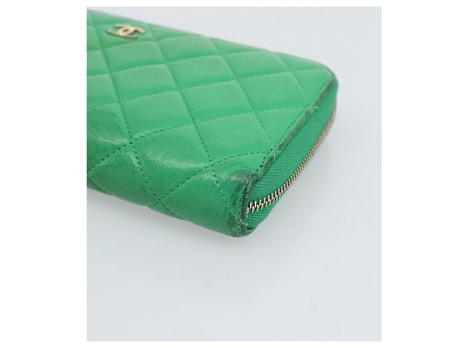 CHANEL Matelassé Long Wallet Lammfell Grün Gold CC Authentisch 190675 Golden - Ansicht 7