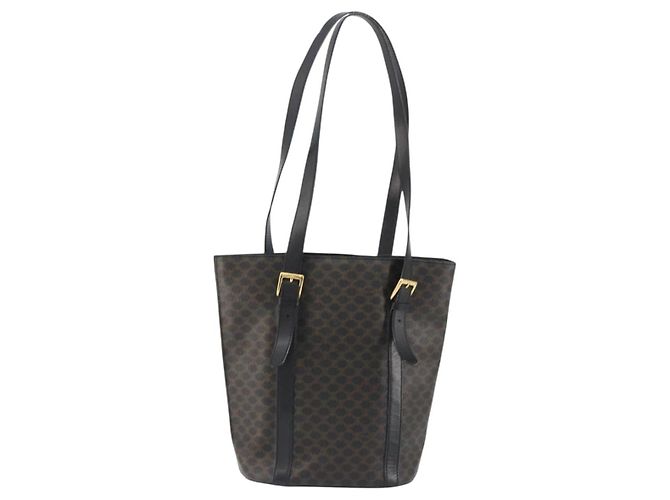 Céline Borsa a Spalla CELINE Macadam Canvas PVC Pelle Nera Oro Auth 190902A Nero D'oro - vista 2