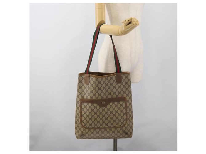 Borsa Tote GUCCI GG Supreme Web Sherry Line PVC Beige Oro Auth ar13997 D'oro - vista 22