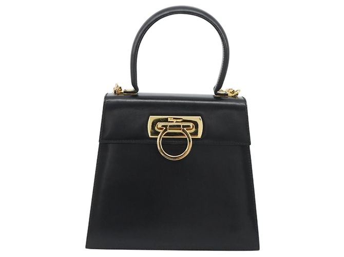 Bolso Salvatore Ferragamo Gancini de Cuero 2way Negro Oro Auth 190688 Dorado - vista 13