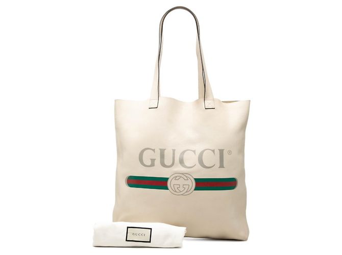 Borsa Tote a Spalla Gucci con Stampa Logo Bianco Crudo - vista 7