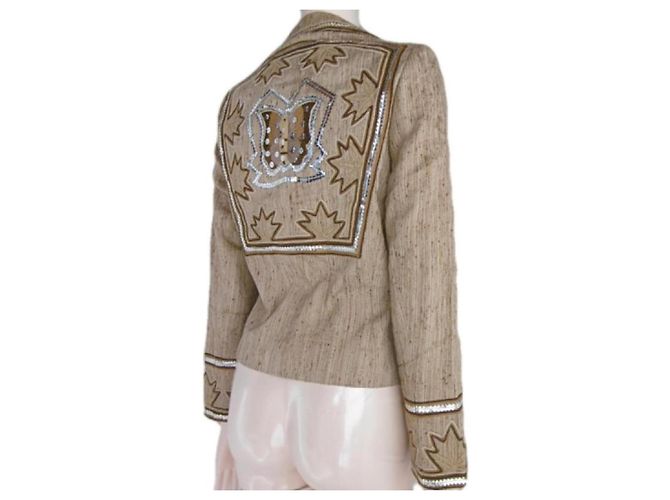 Chaqueta de seda beige bordada Christian Dior Castaño - vista 3