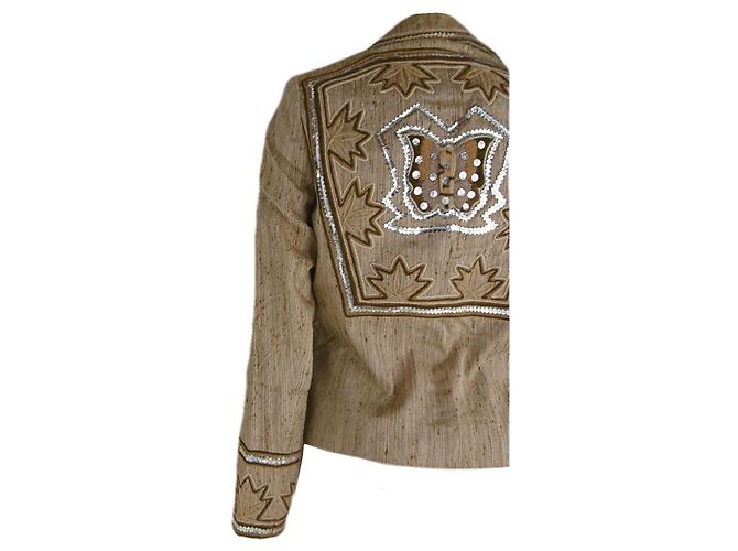 Chaqueta de seda beige bordada Christian Dior Castaño - vista 6