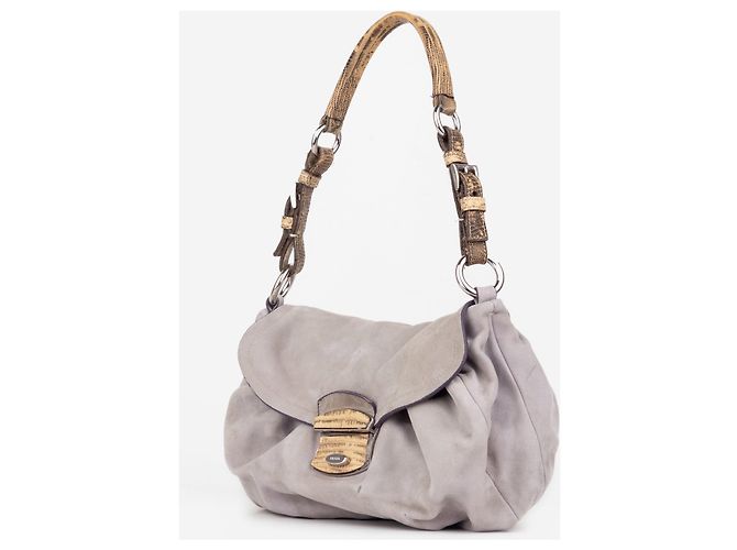 Prada 2000s Hobo Schultertasche aus Wildleder und Eidechse mit Schnalle Grau - Ansicht 2
