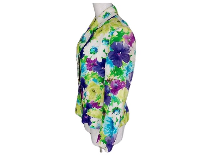 Céline Celine Leinen-Blazer mit Blumenprint Weiß Blau Mehrfarben Grün Lila Gelb - Ansicht 3