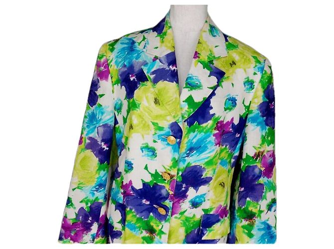 Céline Celine Leinen-Blazer mit Blumenprint Weiß Blau Mehrfarben Grün Lila Gelb - Ansicht 4