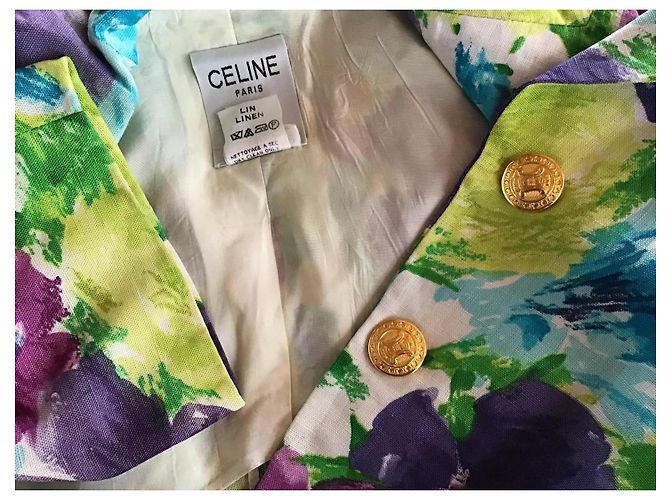 Céline Celine Leinen-Blazer mit Blumenprint Weiß Blau Mehrfarben Grün Lila Gelb - Ansicht 7