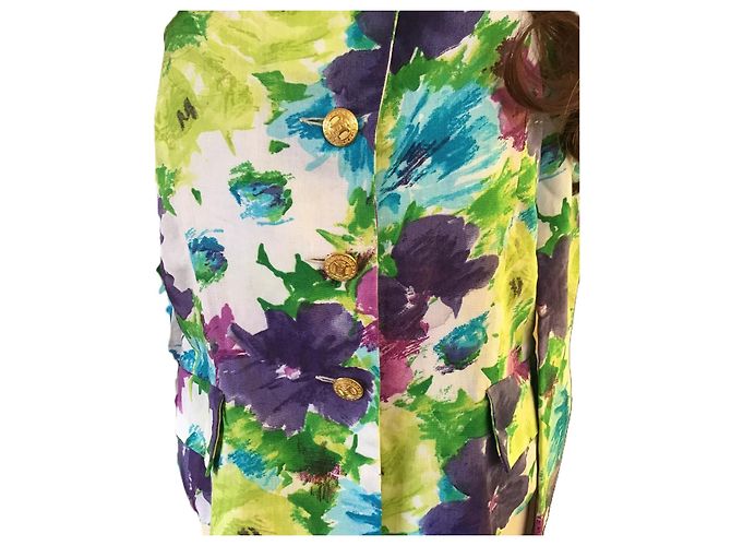 Céline Celine Leinen-Blazer mit Blumenprint Weiß Blau Mehrfarben Grün Lila Gelb - Ansicht 8