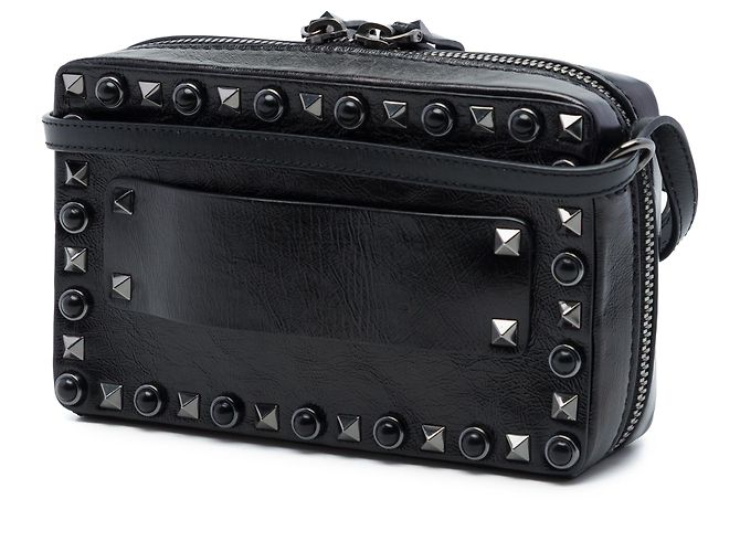 Borsa a tracolla Valentino Black Textured Leather Rolling Rockstud Nero - vista 2