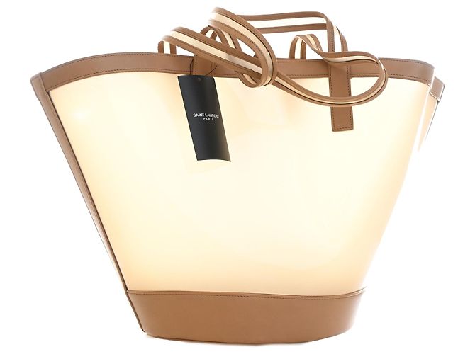Saint Laurent Panier Tote aus PVC und Kalbsleder in Beige, Größe Medium - Ansicht 2