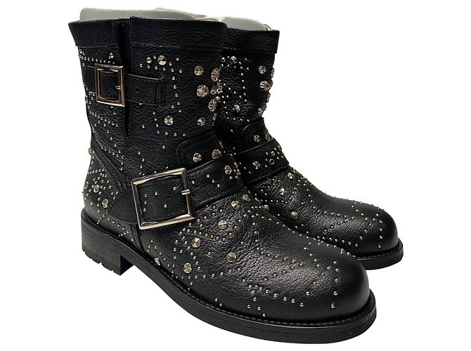 Stivaletti Biker Youth Jimmy Choo in Pelle Nera con Borchie - vista 3