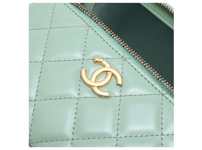 Chanel gestepptes kleines Vanity Case mit Griff und Kette aus hellgrünem Leder - vista 14