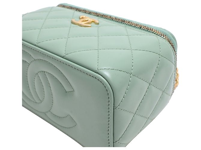 Chanel gestepptes kleines Vanity Case mit Griff und Kette aus hellgrünem Leder - vista 30
