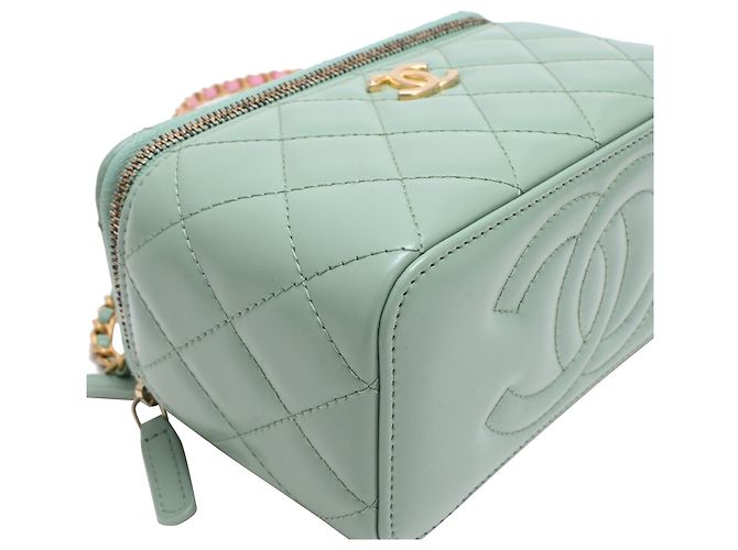 Chanel gestepptes kleines Vanity Case mit Griff und Kette aus hellgrünem Leder - vista 31