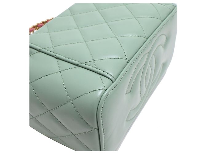 Chanel gestepptes kleines Vanity Case mit Griff und Kette aus hellgrünem Leder - vista 33