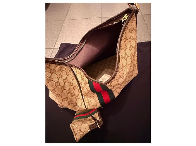 Gucci Monogram Canvas Hobo Bag mit Etui Braun Rot Beige Grün - Ansicht 13