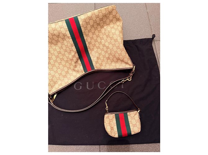 Gucci Monogram Canvas Hobo Bag mit Etui Braun Rot Beige Grün - Ansicht 15