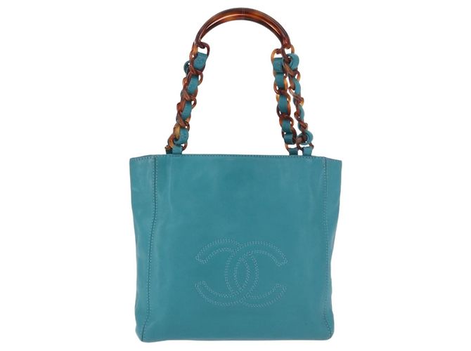 CHANEL Chain Tote Bag Schildpatt-Muster Lammleder Türkisblau CC Auth 187038A - Ansicht 2