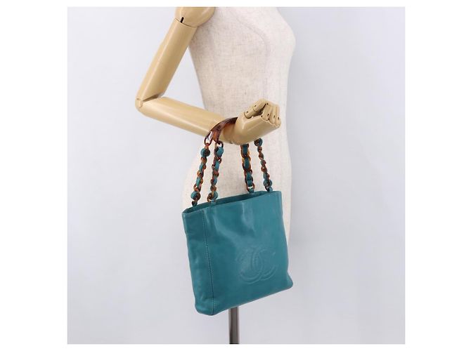 CHANEL Chain Tote Bag Schildpatt-Muster Lammleder Türkisblau CC Auth 187038A - Ansicht 23