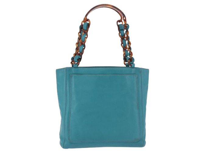 CHANEL Chain Tote Bag Schildpatt-Muster Lammleder Türkisblau CC Auth 187038A - Ansicht 3
