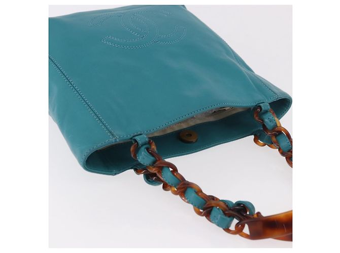 CHANEL Chain Tote Bag Schildpatt-Muster Lammleder Türkisblau CC Auth 187038A - Ansicht 6