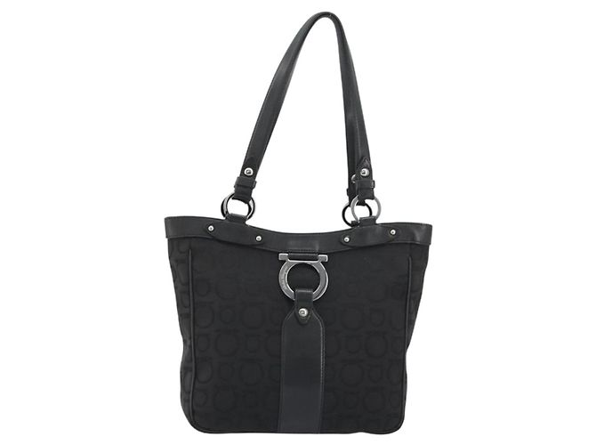 Salvatore Ferragamo Gancini Canvas Tote Bag Schwarz Silber Auth BA13998 - Ansicht 13