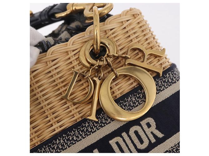 Christian Dior Oblique Jacquard Lady Dior Medium Rattan Navy Auth BA14029SAM Beige Blu navy - vista 10