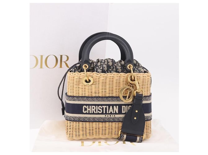 Christian Dior Oblique Jacquard Lady Dior Medium Rattan Navy Auth BA14029SAM Beige Blu navy - vista 12