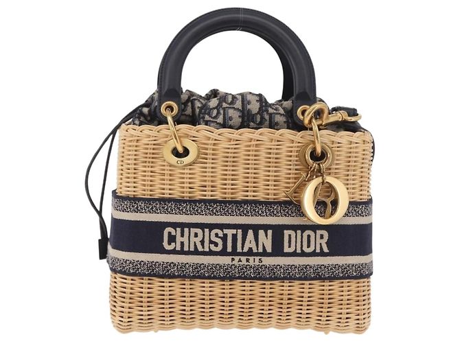 Christian Dior Oblique Jacquard Lady Dior Medium Rattan Navy Auth BA14029SAM Beige Blu navy - vista 13