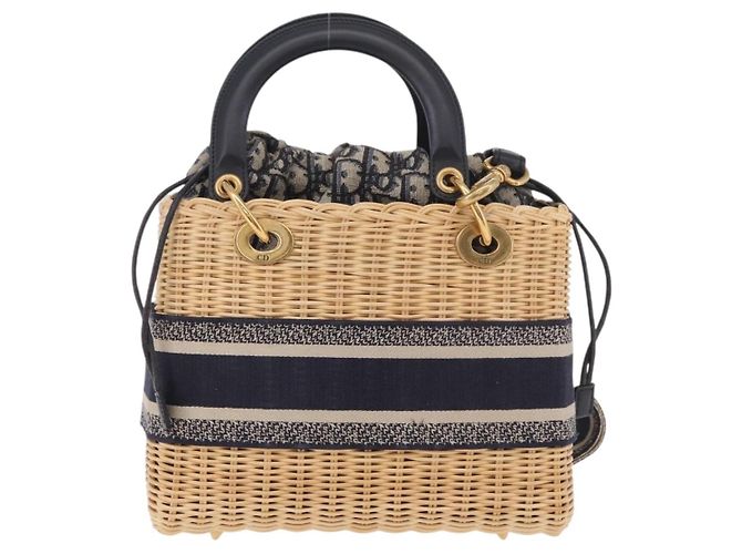 Christian Dior Oblique Jacquard Lady Dior Medium Rattan Navy Auth BA14029SAM Beige Blu navy - vista 2