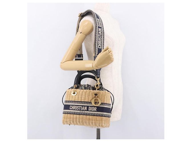 Christian Dior Oblique Jacquard Lady Dior Medium Rattan Navy Auth BA14029SAM Beige Blu navy - vista 26