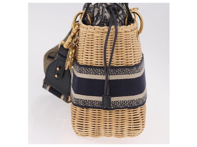 Christian Dior Oblique Jacquard Lady Dior Medium Rattan Navy Auth BA14029SAM Beige Blu navy - vista 3
