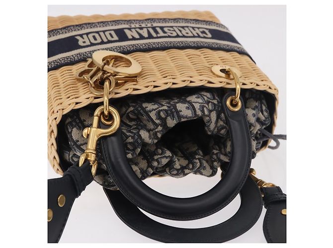 Christian Dior Oblique Jacquard Lady Dior Medium Rattan Navy Auth BA14029SAM Beige Blu navy - vista 6