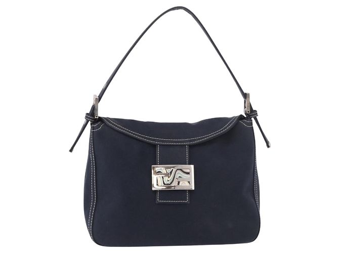 FENDI Mamma Baguette Shoulder Bag Canvas Navy Silver Auth 187625V Silvery Navy blue - view 2