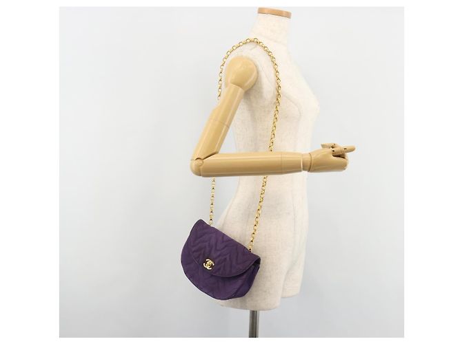 Borsa a Spalla CHANEL con Catena Satin Viola Oro CC Auth 185314 D'oro Porpora - vista 26