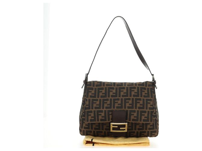 FENDI Zucca Canvas Mamma Baguette Shoulder Bag Black Brown Auth 190478V Marrone Nero - vista 12