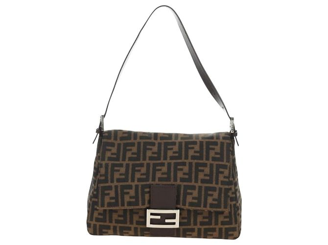 FENDI Zucca Canvas Mamma Baguette Shoulder Bag Black Brown Auth 190478V Marrone Nero - vista 13