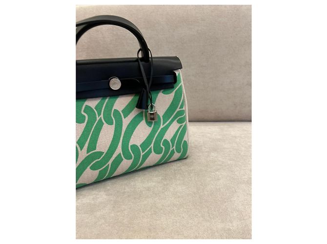 Borsa Hermès Herbag Zip 31 Tela H Plume CC Maillons & Co Nero Beige Verde - vista 11