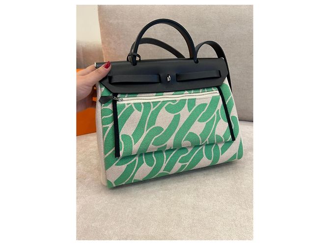 Borsa Hermès Herbag Zip 31 Tela H Plume CC Maillons & Co Nero Beige Verde - vista 2
