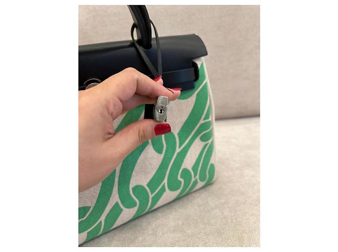 Borsa Hermès Herbag Zip 31 Tela H Plume CC Maillons & Co Nero Beige Verde - vista 6