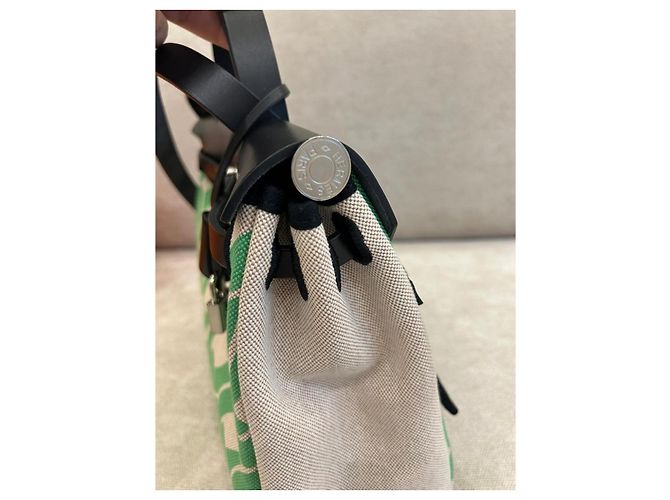 Borsa Hermès Herbag Zip 31 Tela H Plume CC Maillons & Co Nero Beige Verde - vista 7