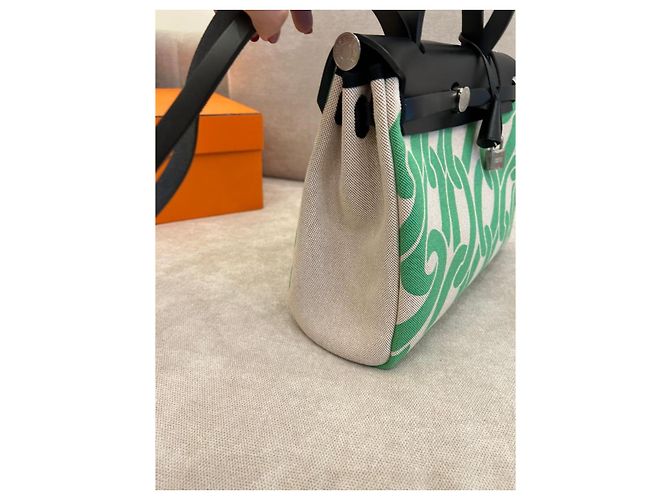 Borsa Hermès Herbag Zip 31 Tela H Plume CC Maillons & Co Nero Beige Verde - vista 8
