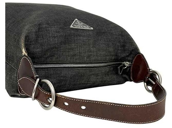 Borsa a tracolla in denim e pelle grigio e nero Prada Marrone - vista 10