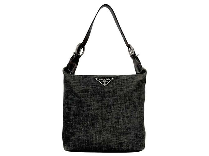 Borsa a tracolla in denim e pelle grigio e nero Prada Marrone - vista 2