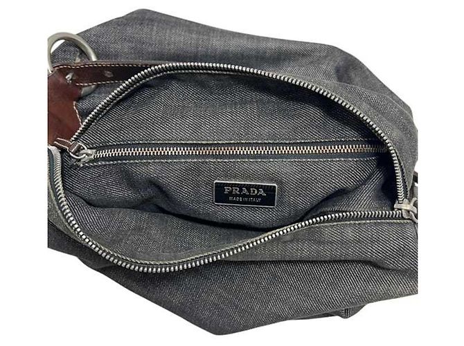 Borsa a tracolla in denim e pelle grigio e nero Prada Marrone - vista 4